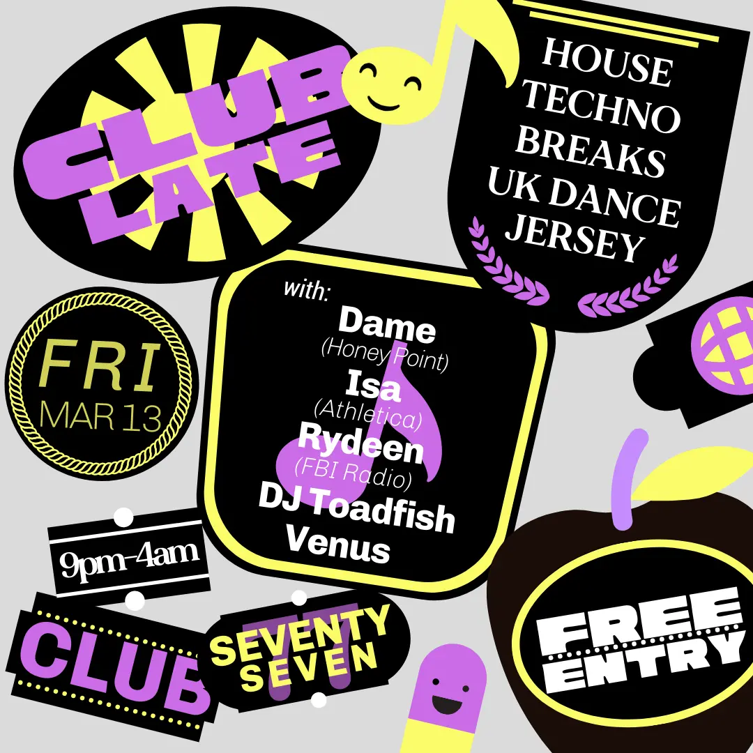 Club Late event poster with sticker-sheet layout
