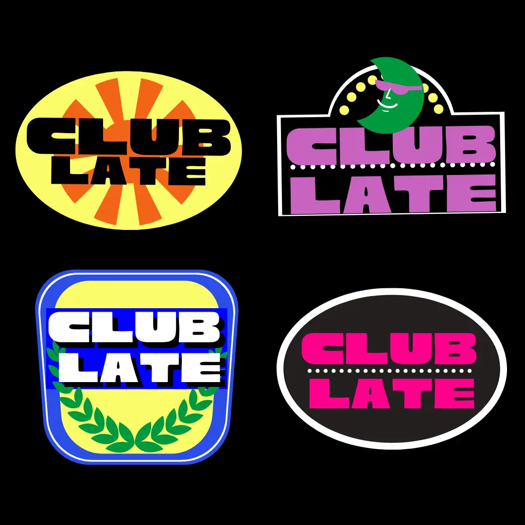 Club Late logo lockups in yellow, pink and black