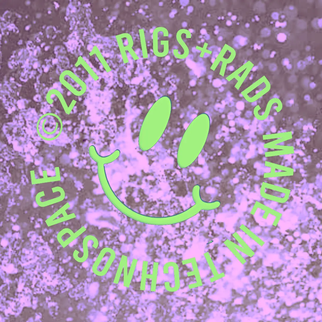 Rigs and Rads smiley graphic in purple