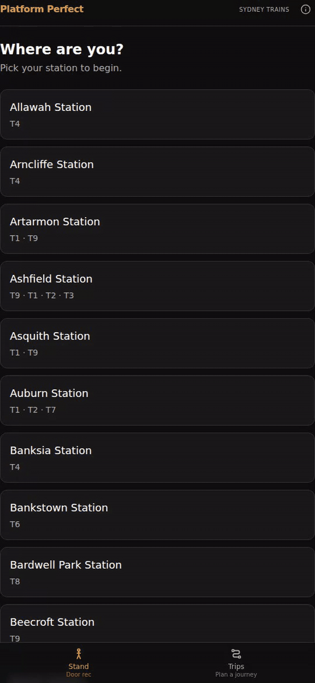 Open it and pick your station. It covers the whole Sydney Trains network, 161 stations.